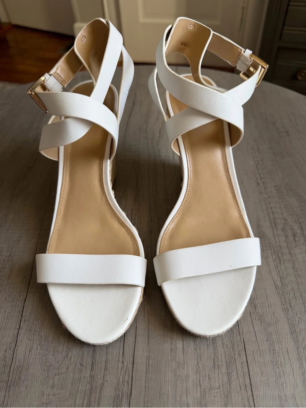 MICHAEL Michael Kors White Strappy Ankle Buckle Heels